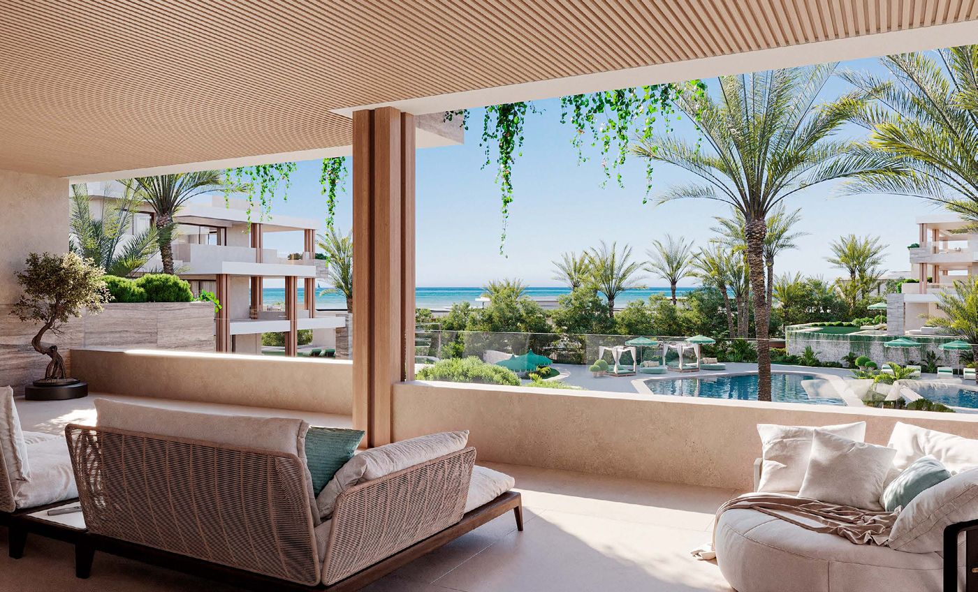 A terrace looking over the gardens to the sea