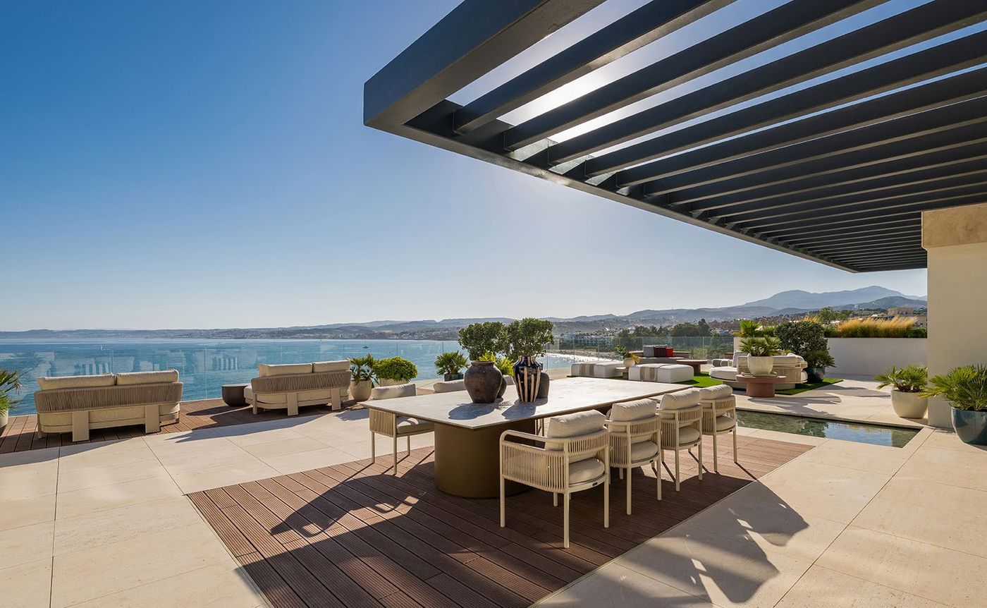 A terrace looking over the beach to the sea